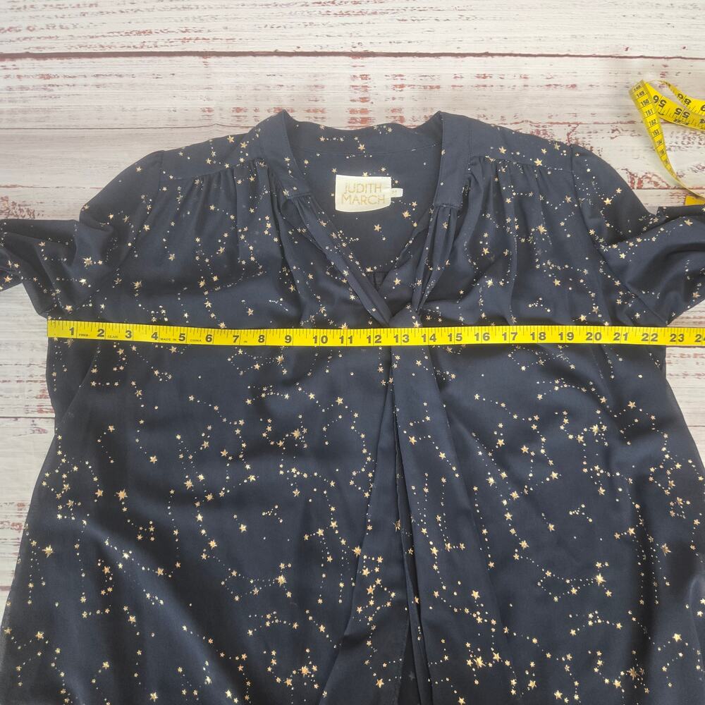 Judith March Navy Blue Gold Star Blouse M Tie Sash Puff Sleeve Flare French Cuff - Picture 9 of 12